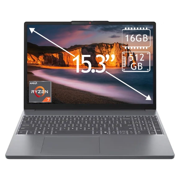 Laptop Lenovo IdeaPad Slim 3: Ryzen 7 170 (hasta 4.75 GHz), RAM 16GB DDR5, SSD 512GB, Pantalla 15.3" LED Multi-Touch, (1920 X 1200), Radeon Graphics. Windows 11 Home