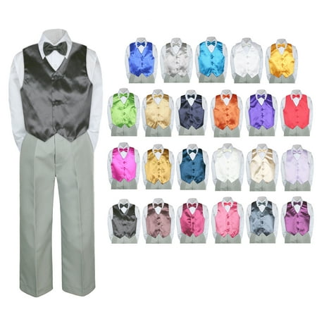 - 4PC Shirt Gray Pants Vest & Bow tie Set Baby Boy Toddler Kid Formal Suit Sm-7