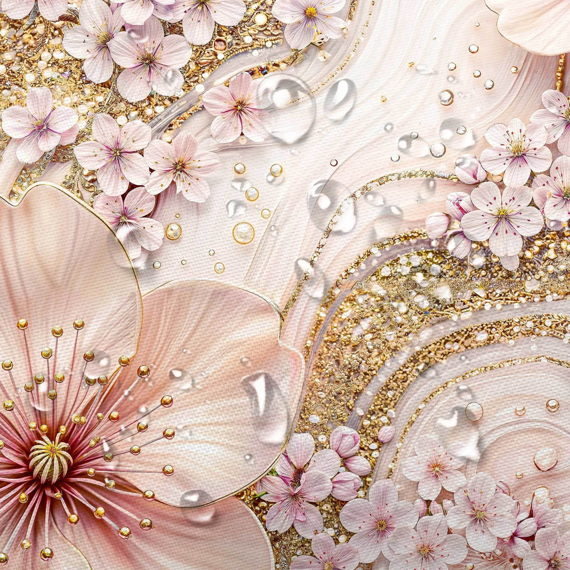 Pink Cherry Blossom Marble Shower Curtain, Luxury Gold Glitter Floral Bathroom Decor, Modern Abstract Minimalist Bath Curtain, Waterproof Polyester Fabric with Hooks,60X70in