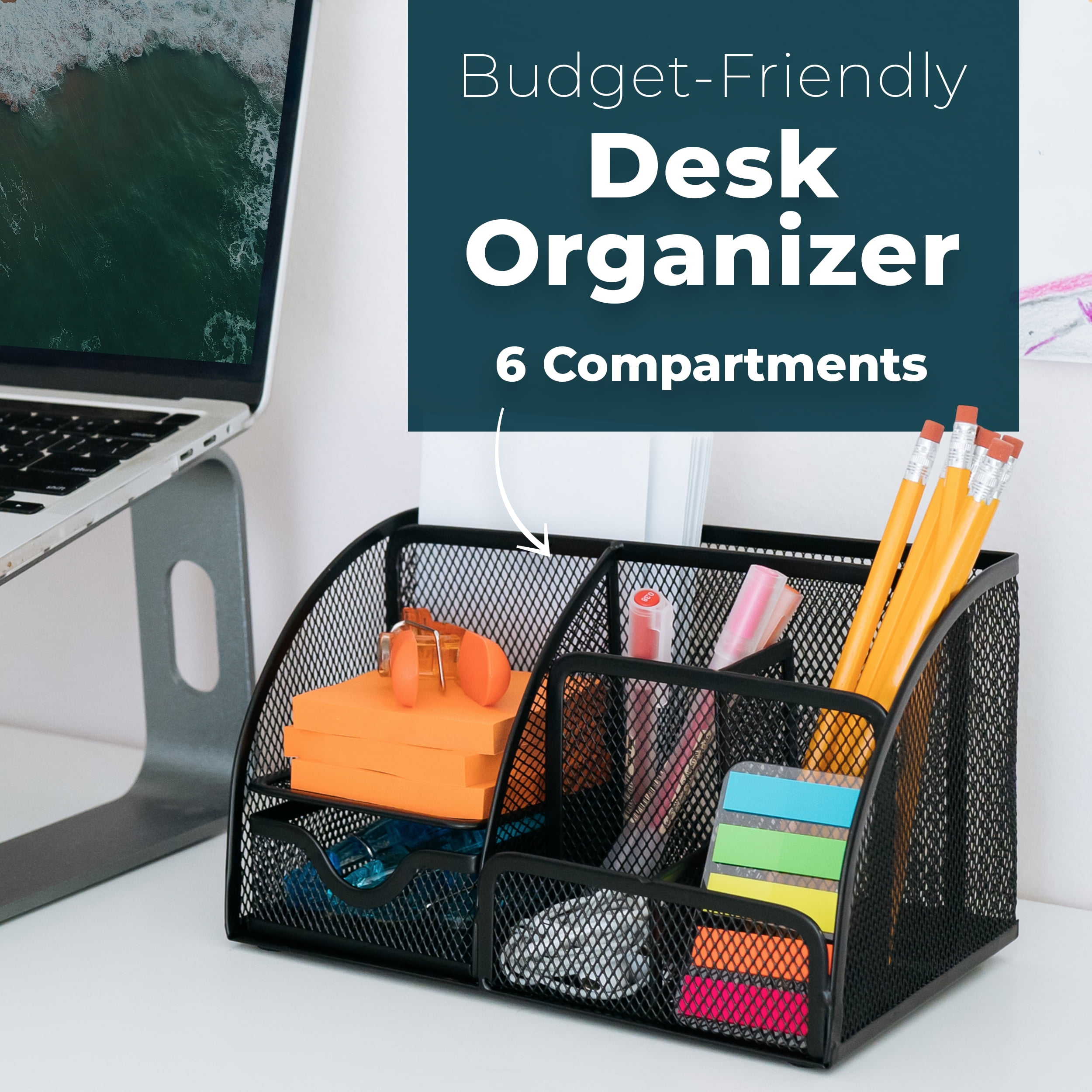 vedett Office Desk Organizer with 6 Compartments + Pen Holder / 72  Accessories, Desk Accessories Organizers for Office, Home, School (Black)