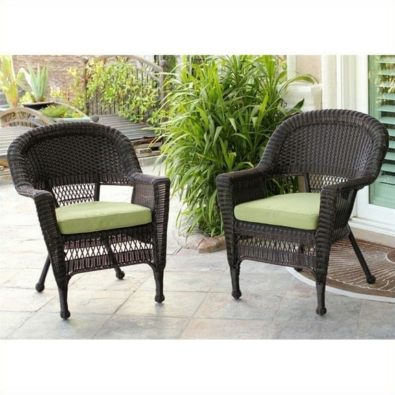 Jeco Wicker Chair in Espresso with Green Cushion (Set of 2)