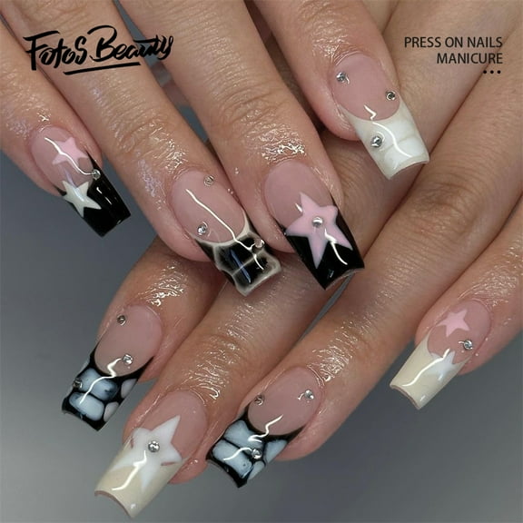 Fofosbeauty 24pcs Press on False Nails Tips,Coffin Fake Acrylic Nails, Y2K Star