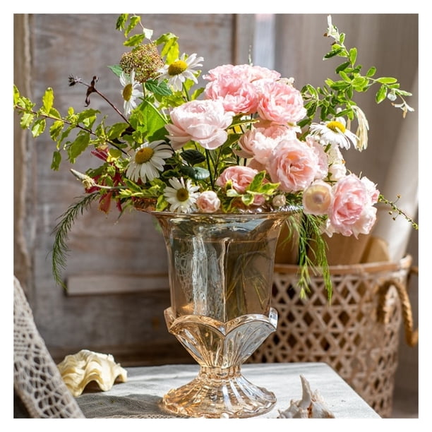 Florero de cristal Vintage en relieve, gran decoración dorada, sala de estar americana, mesa de comedor, flor