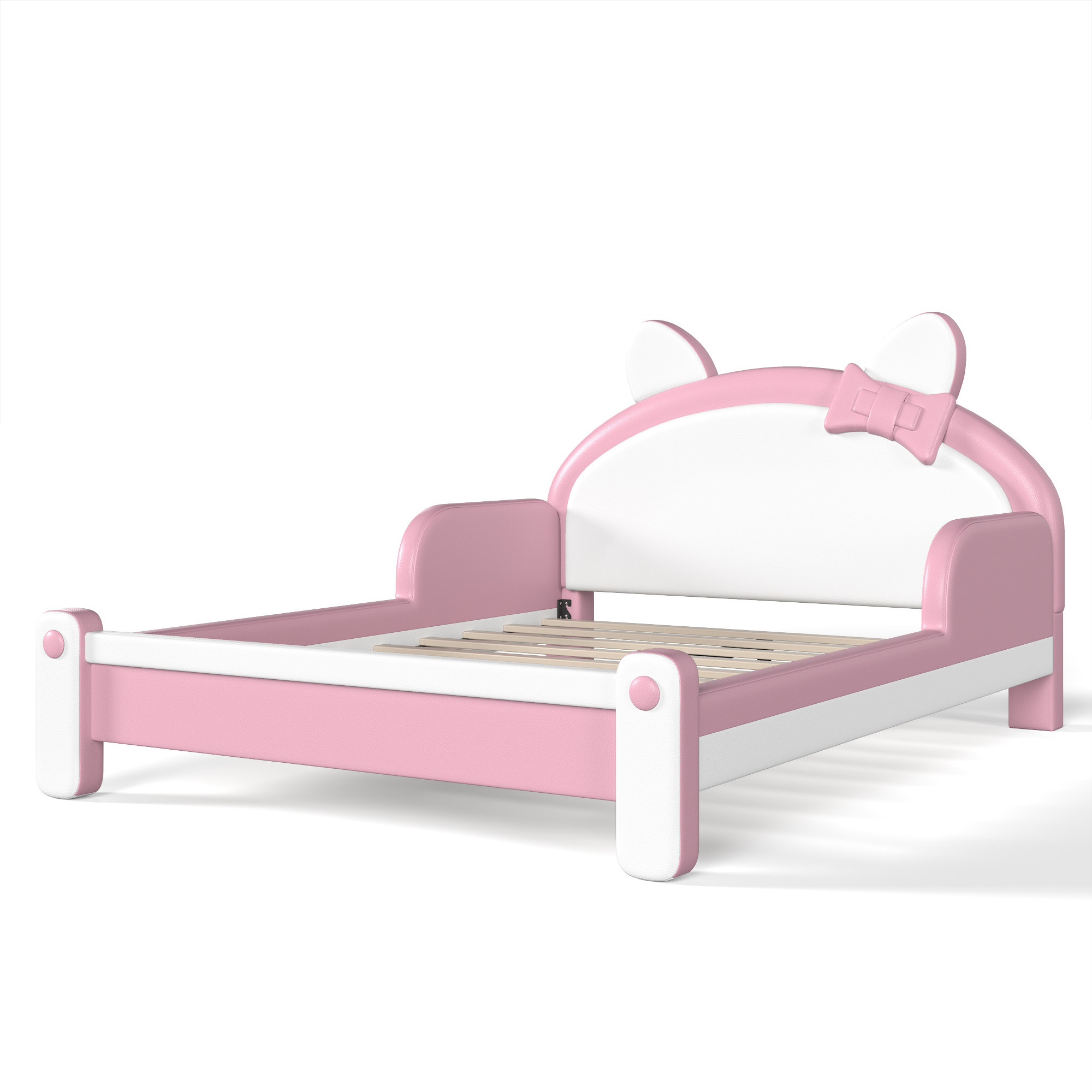 HOQBN Full Size Cute Cat Shaped Upholstered Kids Platform Bed, Princess Style Low Profile Children Bed Frame for Bedroom White & Pink