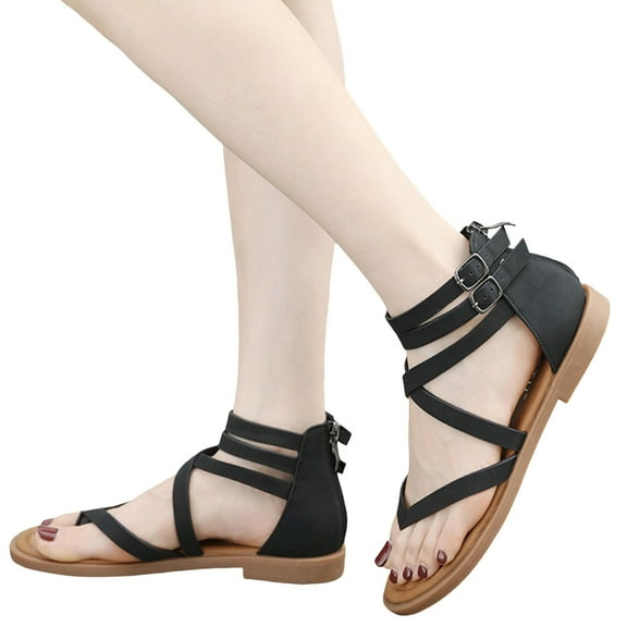 Dakaela Women's Flat Sandals Ankle Buckle Strappy Gladiator Walking Shoes Summer Beach Flip Flops