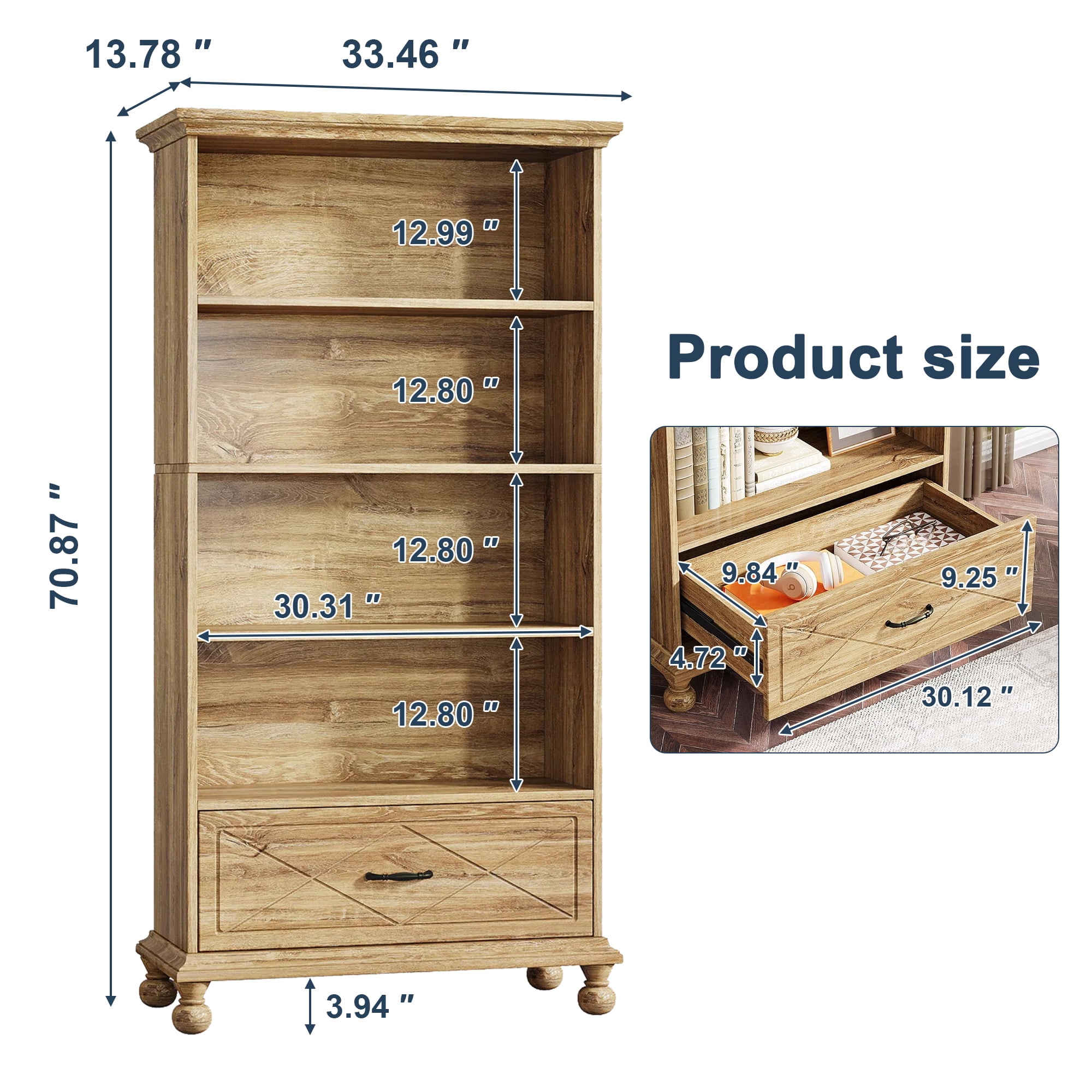 Demi Bonn 6-Shelf Bookcase with Drawer, 71" Bookshelf with Solid Wood Legs for Bedroom, Living Room, Brown