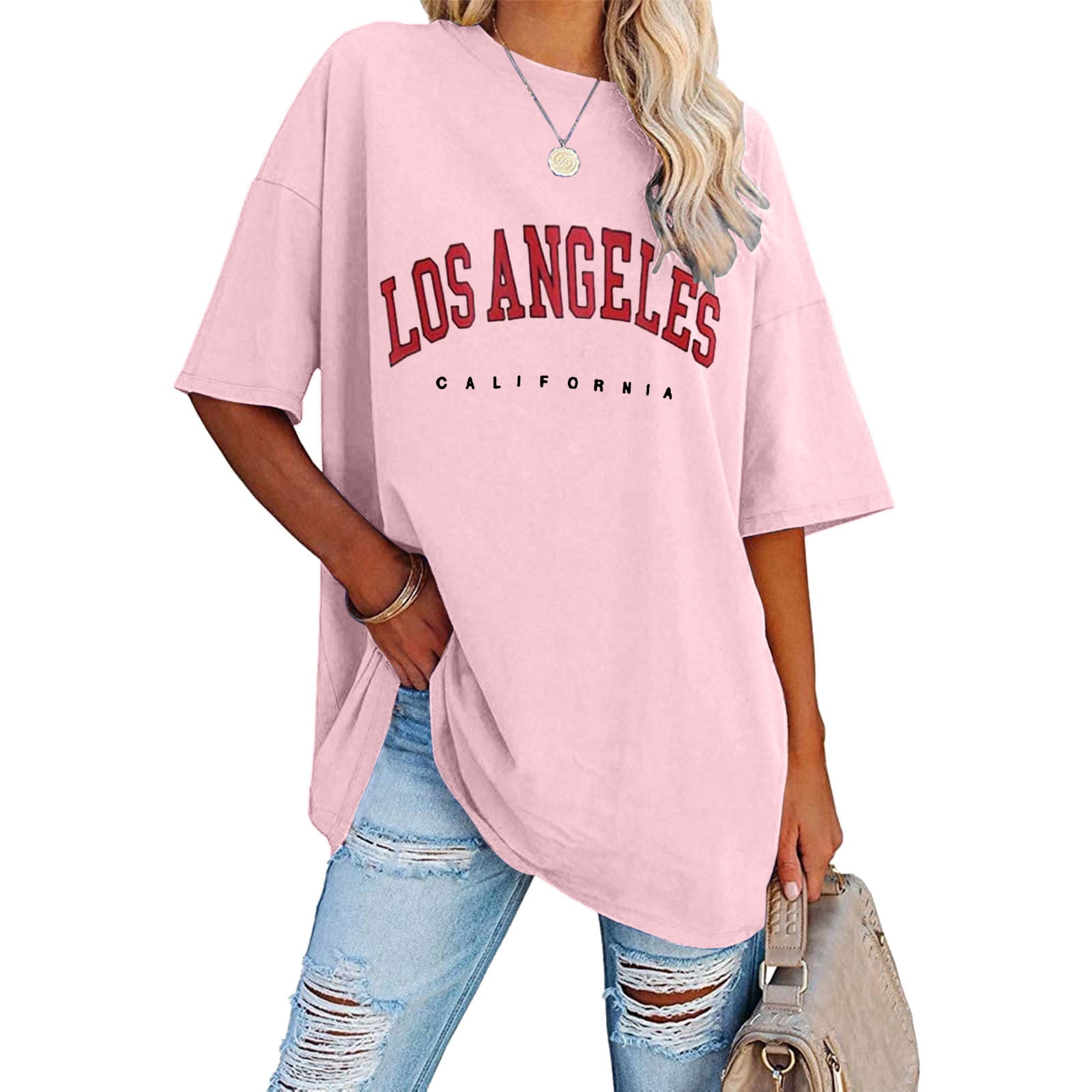 OJSFQUFP Plus Size T Shirts Pink Womens Fashion Round Neck