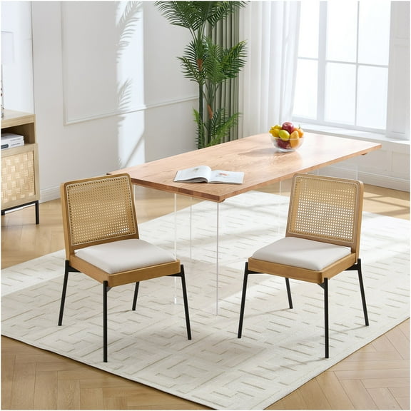 JERFIT Mid-Century Modern Dining Chairs Set of 2, Beige Upholstered Side Chairs with Woven Rattan Back & Sturdy Metal Legs for Kitchen, Dining Room