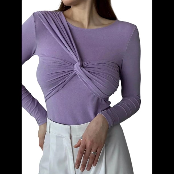 Camiseta Asimétrica de Larga con Cuello en V y Frontal para Mujer Púrpura M