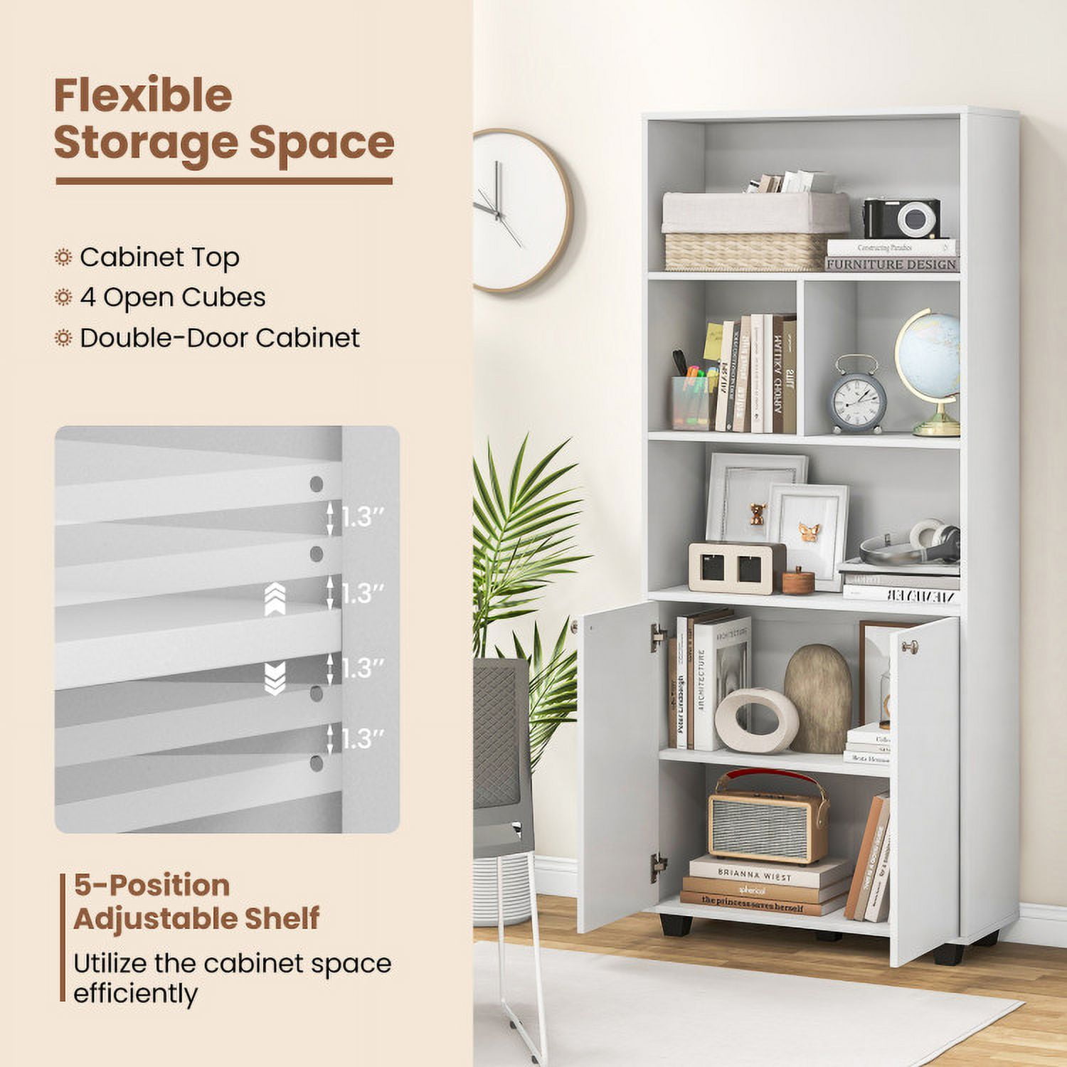 Demi Bonn 66" Tall Double-Door Bookcase with Adjustable Shelf and Storage Cubes, White