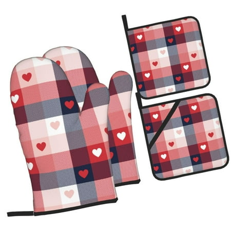 

Pofeuu Heart Plaid Print Oven Mitts and Pot Holders 4 pcs Set High Heat Resistant 500 Degree Extra Thicken Long Kitchen Cotton Oven Glove for Cooking