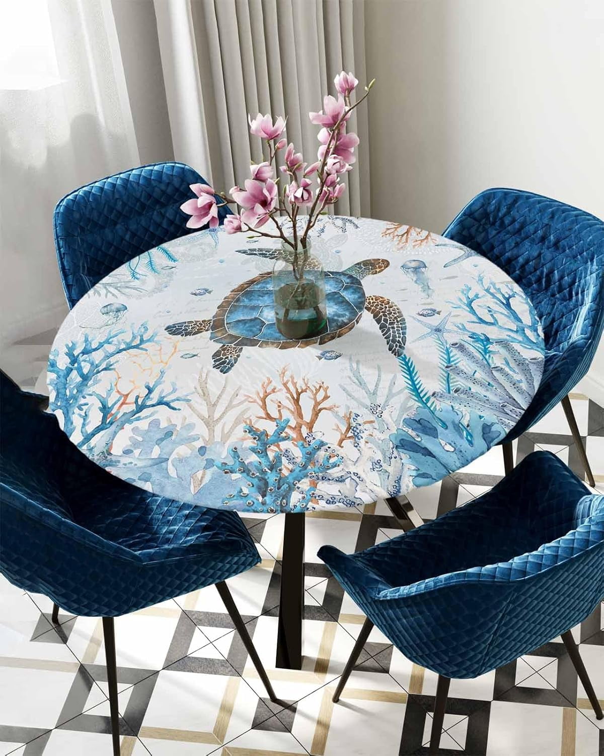 Sea Turtle Round Tablecloth Fitted Table Cover,Elastic Tablecloths Waterproof Outdoor Indoor Stretch Cloth Tablecover for Dinner,Party,Shower,Nautical Coastal Summer Beach Ocean Animals Blue 36-44IN
