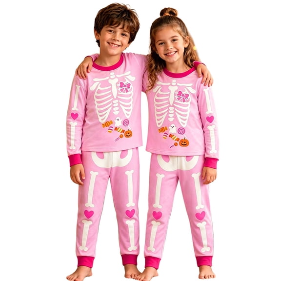 Tfken Halloween Pajamas Sets For Girls Skeleton Graphic Long Sleeve Tops With Pants Set Loungewear Sleepwear Lightweight Fall Winter Nightwear Child Soft Clothes Size 2-3 Years Pink