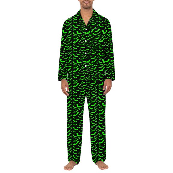 Dwelliawo Halloween Pjs Men Pants Set Silk Satin Pajamas Lounge Sets 2 Piece Fall Outfit Button Down Matching Sleepwear Green L