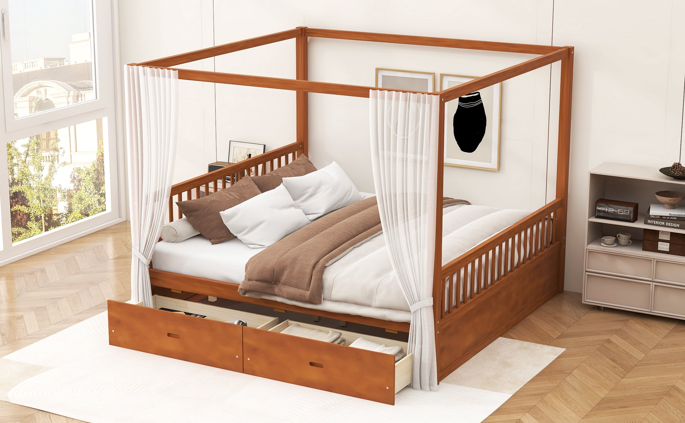Mintazer King Size Canopy Bed with 2 Storage Drawers, Platform Bed Frame with Slatted Guardrails, No Box Spring Needed, Walnut
