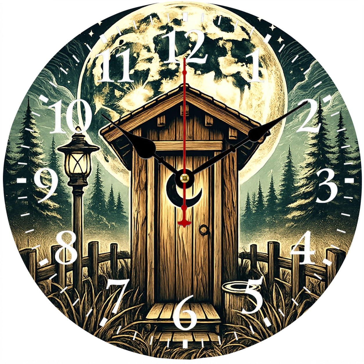 9.84 Inch Rustic Outhouse Wall Clock Full Moon Forest Cabin Decor Battery Operated Analog Clock with Easy to Read Numbers