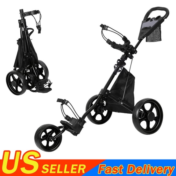 Golf Push Cart 3 Wheel, Golf Bag Cart Foldable with Ball Loading Aperture, Scorecard Board, Water Bottle Holder, Foot Brake, Compact Golf Pull Carts, Quick Fold Golf Caddy Push Carts