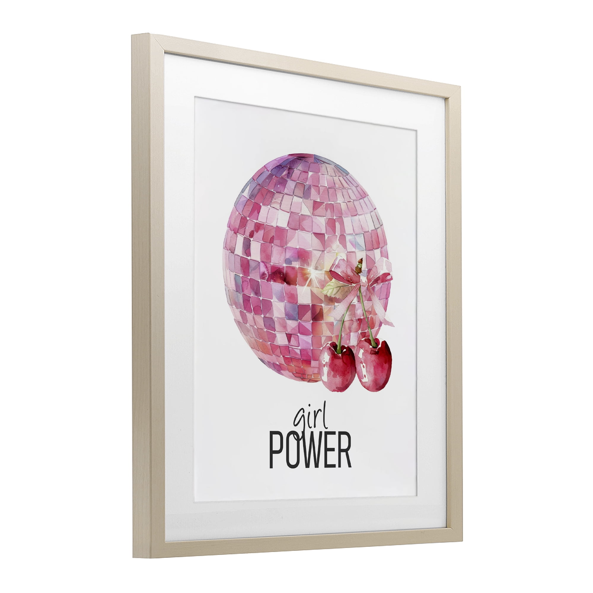 Girl Power Disco Cherries Birch Framed Print Under Glass, design by Kim Allen