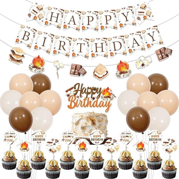 S'mores Birthday Party Decorations, Smores Happy Birthday Garland Banner, Double-sided Printing S'more Birthday Cupcake Topper Balloons for Boys Girls Smore Theme Camping Birthday Party