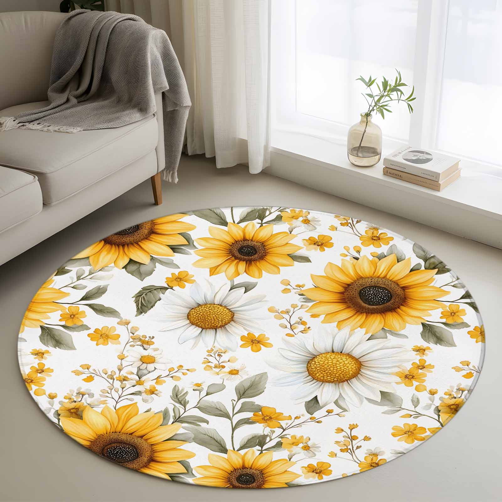 Round Area Rugs 3.3 Feet - Yellow Sunflower Spring Blossom Floral Soft Indoor Throw Rugs Carpets for Living Dining Bedroom Kids Room Non-Slip Playroom Crawl Rug Floor Mats Wildflower Seamless