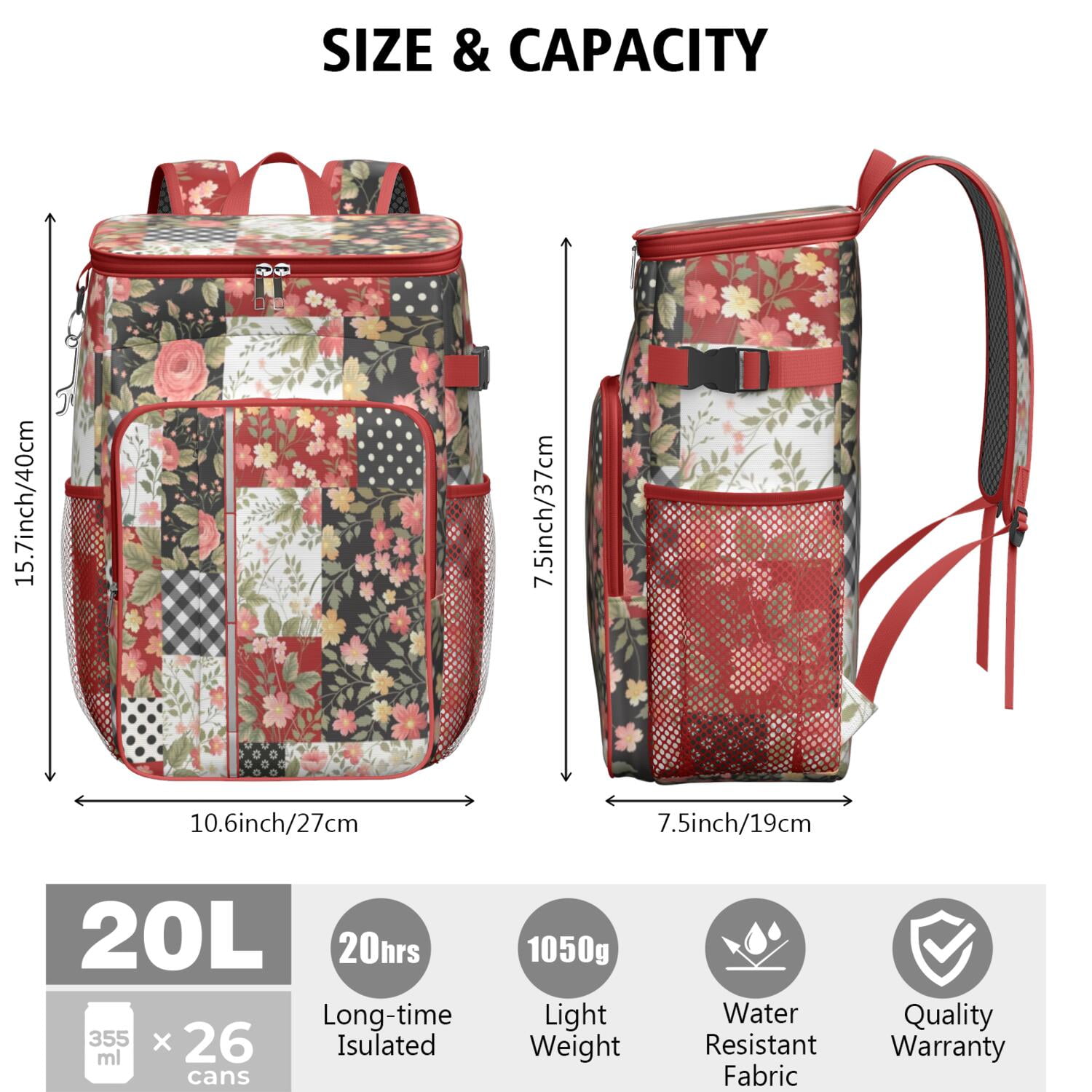 Travel Cooler Bag - Pioneer Flower Floral Print Pattern Camping Beer Cooler Backpack with Bottle Opener- Waterproof Insulated Picnic Backpacks - Cooler Bag for Beach