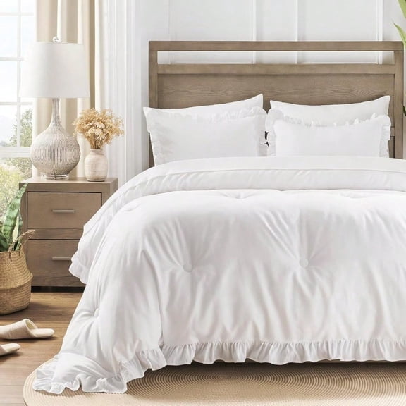 Queen Bed in a Bag 7 Pieces Comforter Set Queen Ruffle Shabby Chic Bedding Comforter Set White Bed Set with Comforter Pillowcases Flat Sheet Fitted Sheet and Pillow Shams