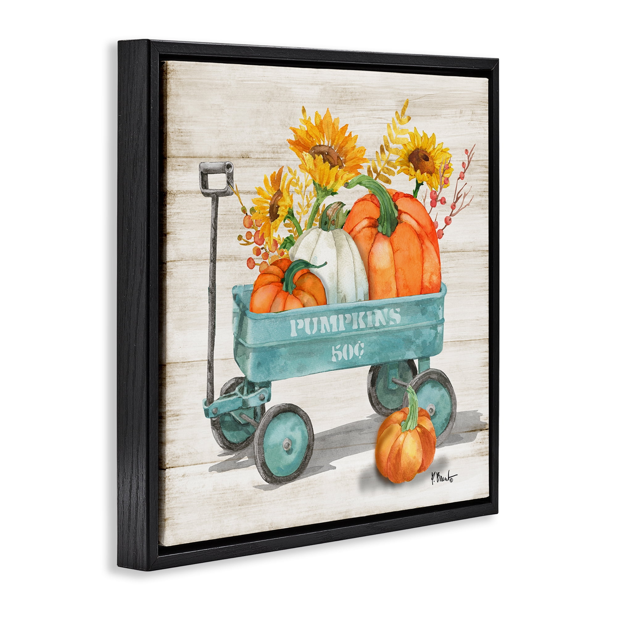 Stupell Industries Pumpkins Harvest Wagon Botanical & Floral Painting Black Floater Framed Canvas Art Prints Wall Art, 18 x 18