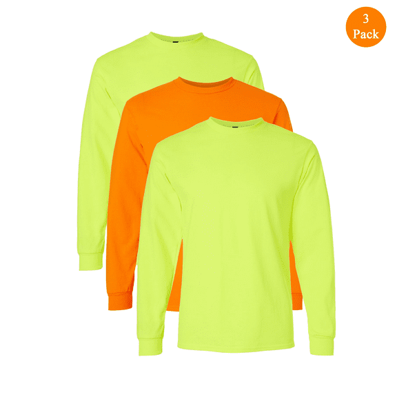 Gildan Ultra Cotton Long Sleeve T-Shirt, Men's Hi-Vis Safety Green and Orange Workwear, 3-Pack, S