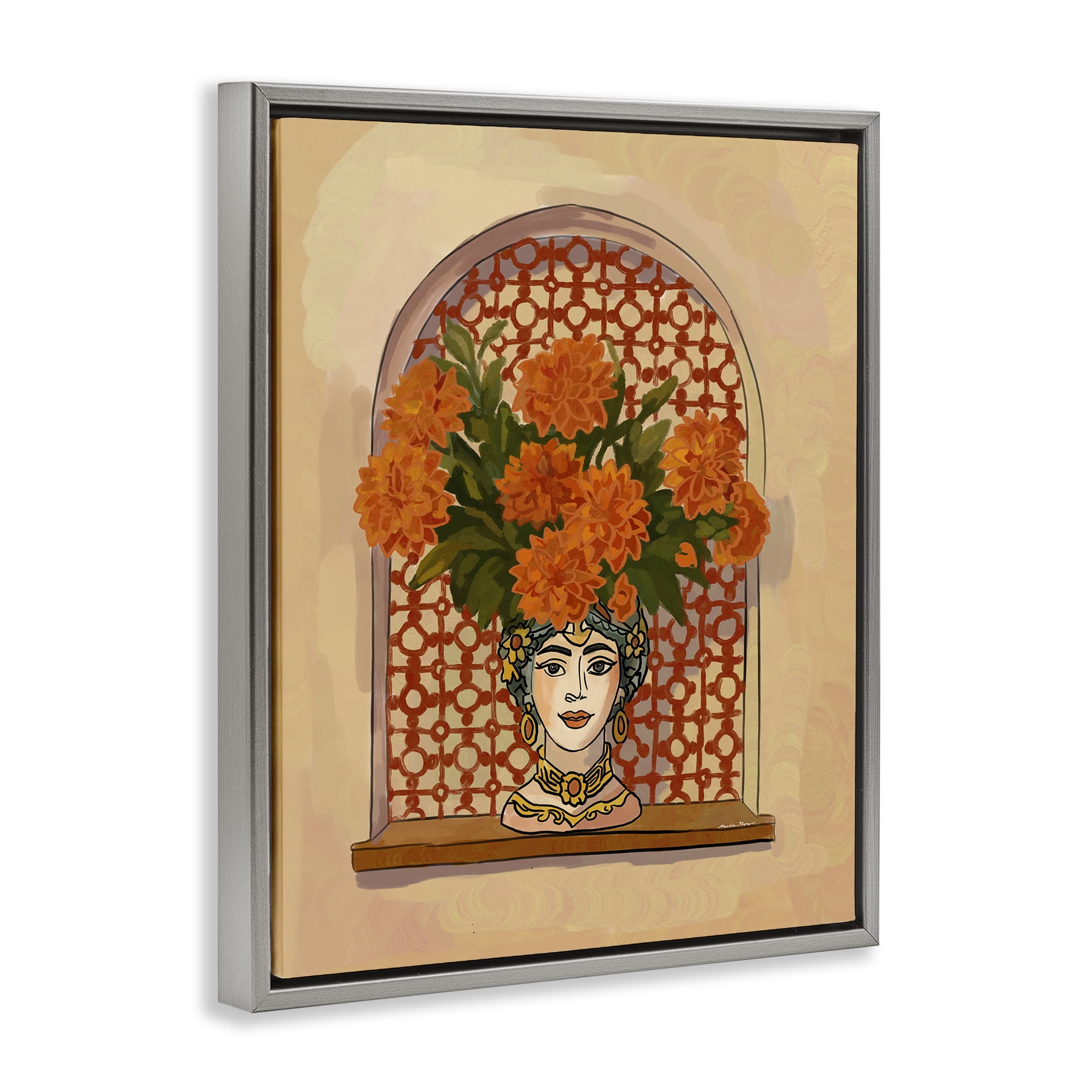 Stupell Industries Ornate Flower Head Vase Gray Framed Floater Canvas Wall Art, design by Amelia Noyes