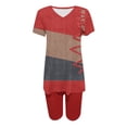 thumbnail image 5 of Wyobmus Women 2 Piece Short Outfits Set Color Blocked Half Sleeve V Neck T Shirt Biker Shorts Loose Fit Workout Tracksuit B-Red, 5 of 6