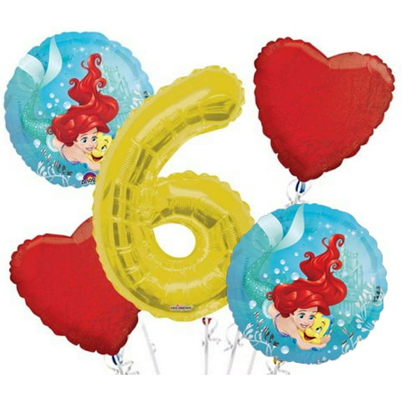 Ariel (Little Mermaid) Balloon Bouquet 5 pc, 6th Birthday, Gold Number 6 Jumbo Balloon