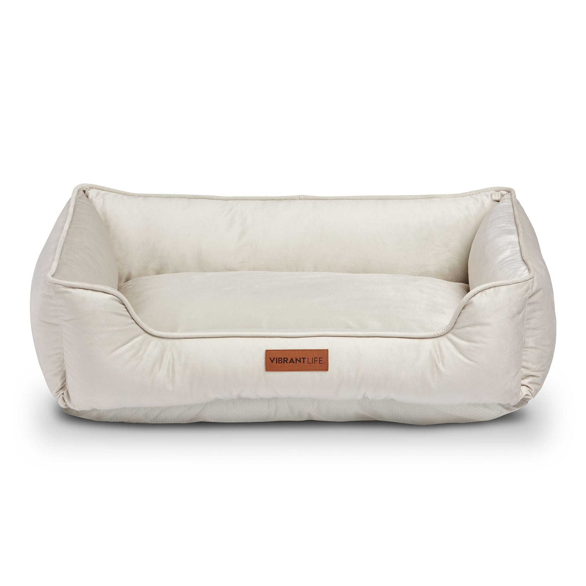 Vibrant Life Faux Velvet Box Dog Bed, Large, Beige, 27