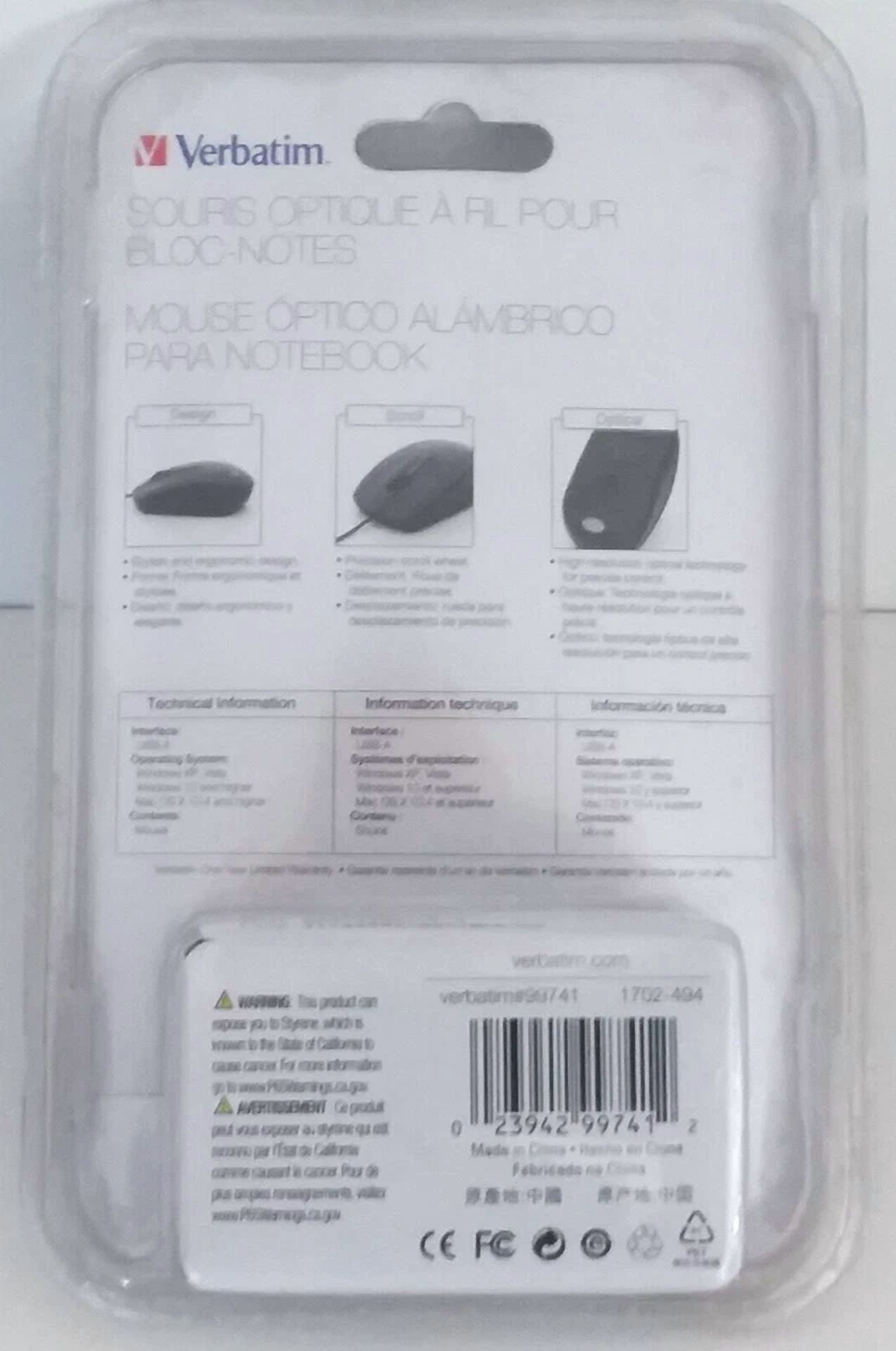 CRESTIN- Verbatim Corded Notebook Optical Mouse 99741 Silver/Black Wired New