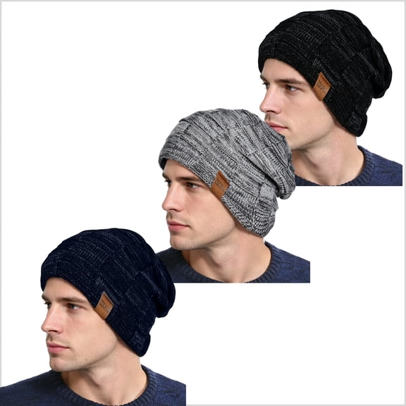 zrova 3 Pack Men's Slouchy Knit Beanie, Fleece Lined Thick Warm Winter Hat, Stretchy Casual Skully Cap for Men & Women