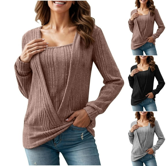 FRSASU Women's Long Sleeve Lightweight Solid Tops Fall Crewneck Fake Two Piece Pullover Knit Casual Loose Shirts Trendy Clothes Red