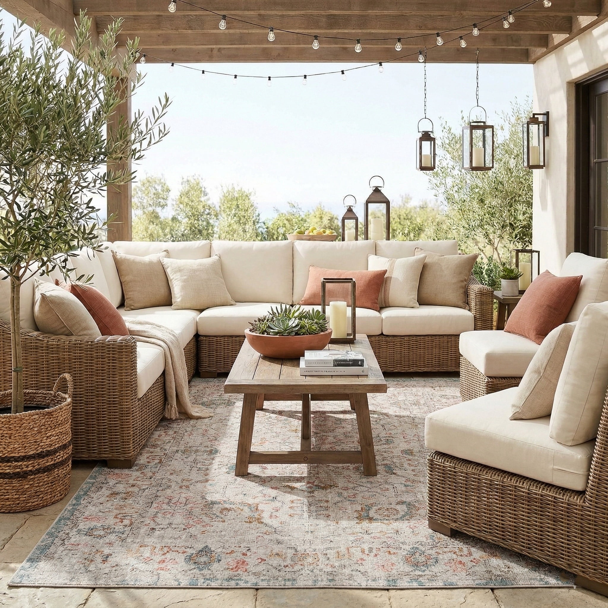 LR Home Blake 9' x 12' Beige/Blue Traditional Durable Performance Indoor/Outdoor Area Rug