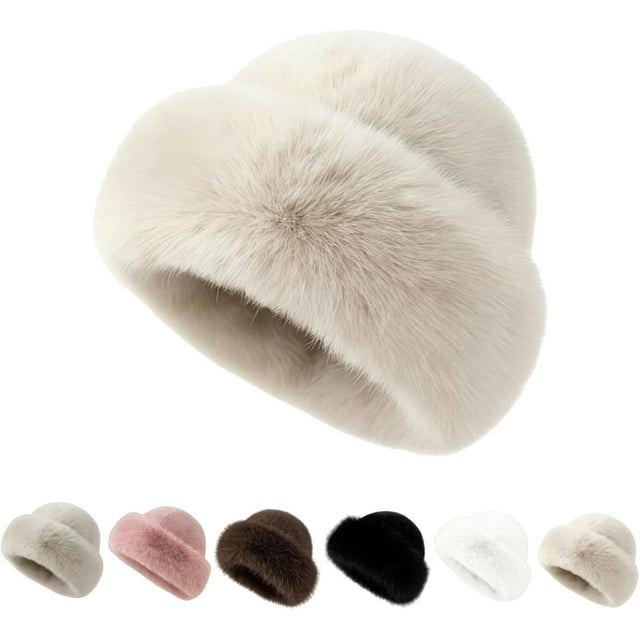 Womens Winter Faux Fur Bucket Hat,Fluffy Furry Warm Hat for Cold Weather