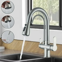 Brushed Nickel 3-Way Filter Kitchen Tap Pull Out Sprayer Dual Handle Sink Mixer Taps