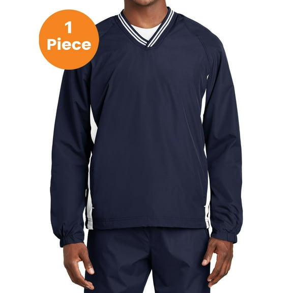 Sport-Tek JST62 Tipped V-Neck Raglan Wind Shirt, True Navy/White, XS, Mens Workout Shirts