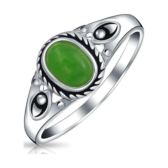 Petite Cabochon  Fashion Bali Style Oval Dyed Green Jade Bezel Filigree Band Ring for Women .925 Sterling Silver August Birthstone