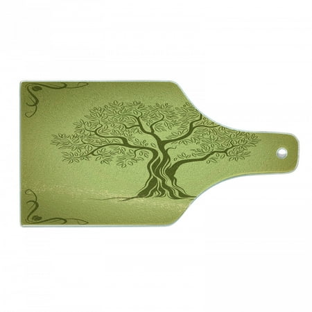 

Olive Green Cutting Board Mediterranean Olive Tree Silhouette with Ornamental Frame Nature Inspirations Tempered Glass Cutting and Serving Board Wine Bottle Shape Olive Green by Ambesonne