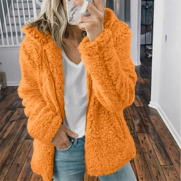 Aboser Women Fuzzy Fleece Coat with Hood Solid Color Winter Coats Warm Fur Shearling Jackets Soft Zip Up Outerwear with Pocket