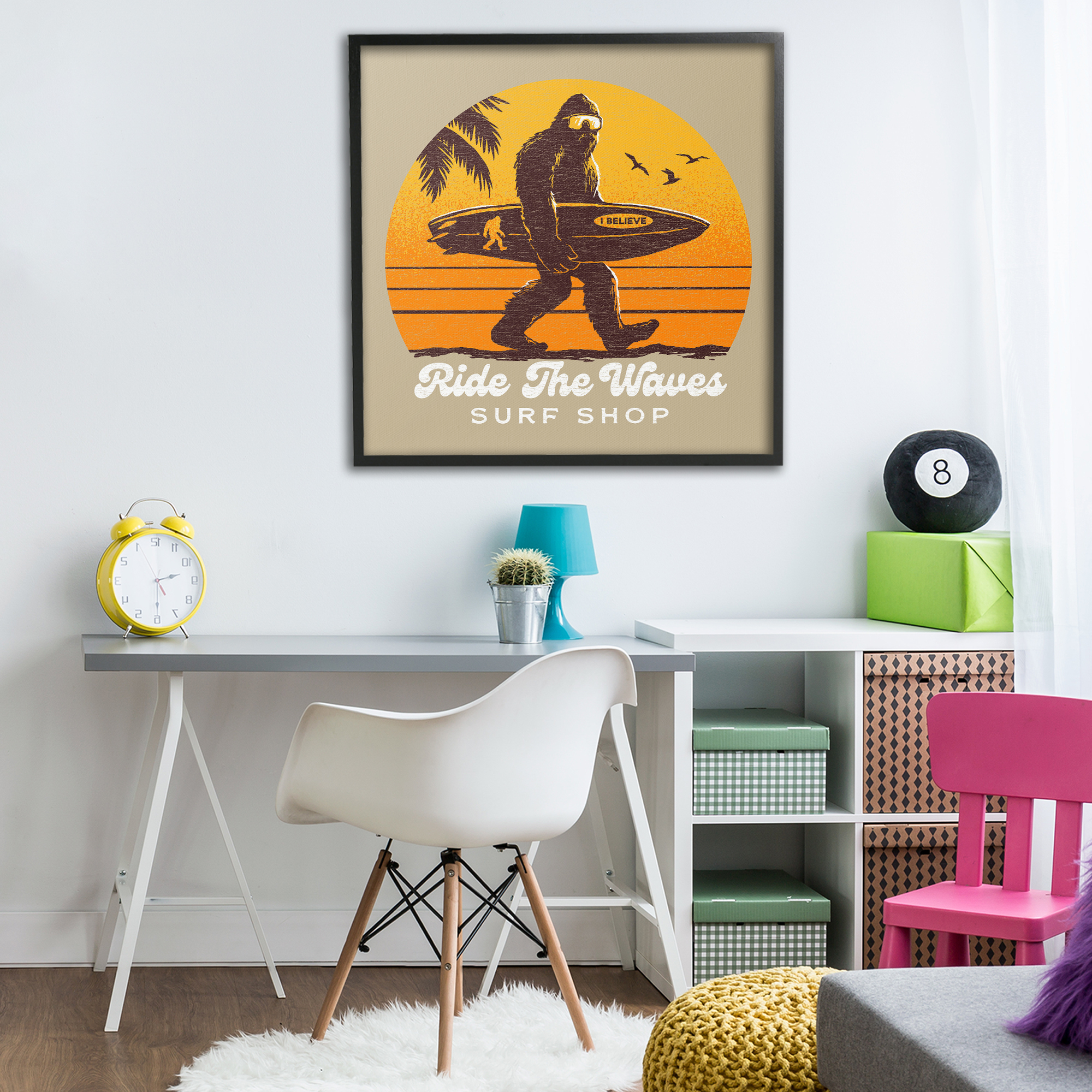 Ride The Waves Surf Shop Black Framed Giclee Art, design by Jedco Brands Inc.