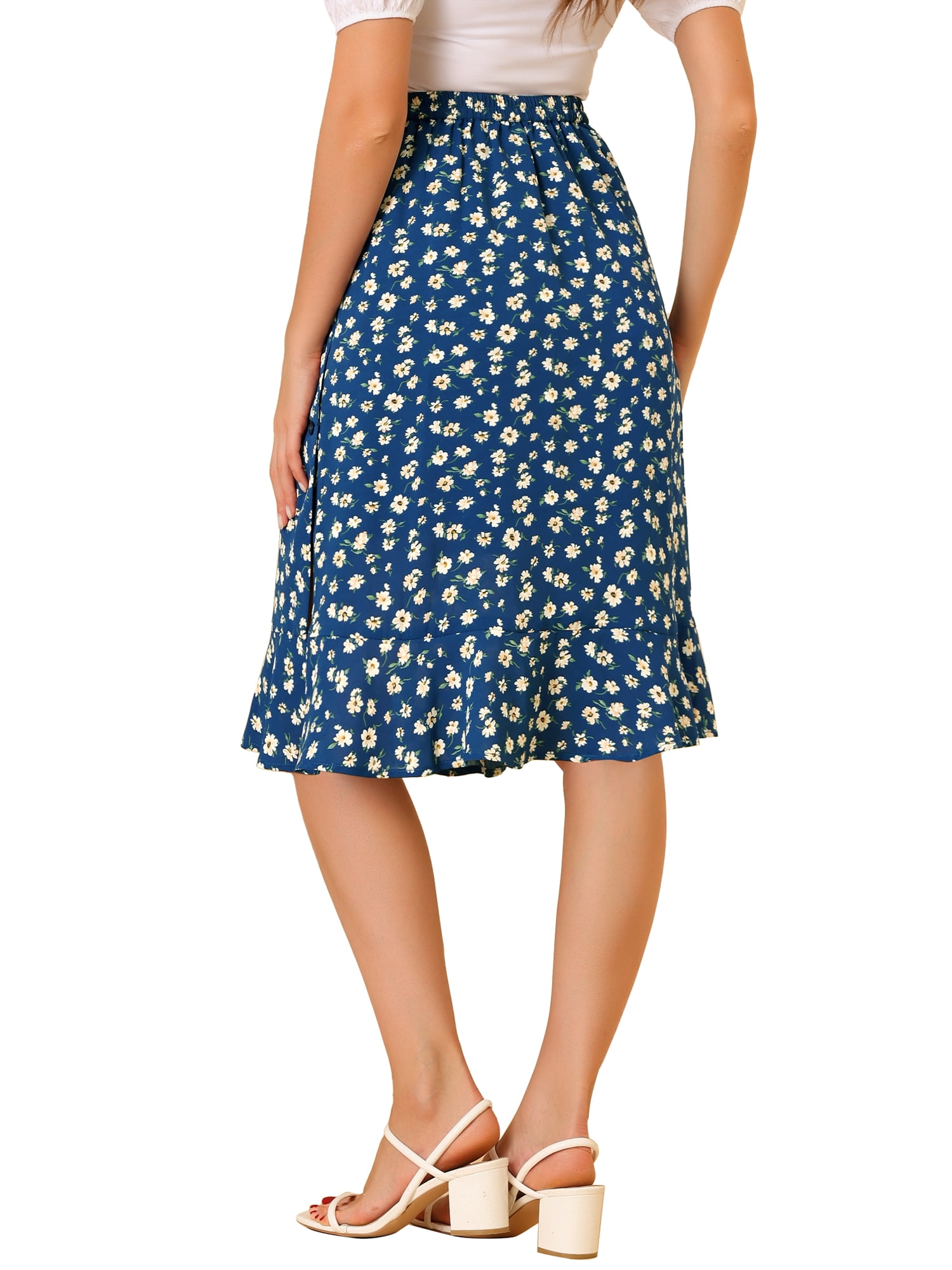 DARING DIVA Women's Floral Ruffle Hem Elastic Back Split Skirt S Blue