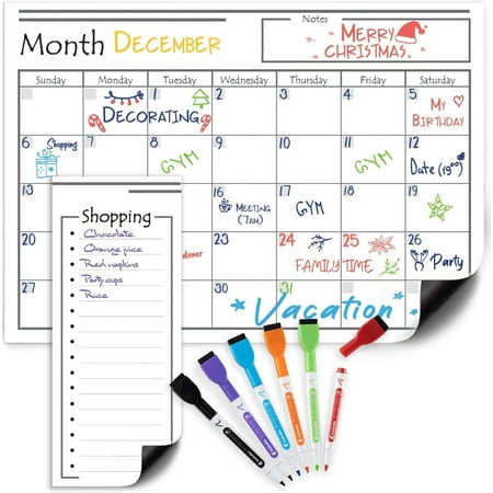 Made Magnetic Dry Erase Calendar & Magnetic Shopping List for Refrigerator with 6 Markers – Kitchen Fridge Calendar White Board, Schedule Planner Wall Set