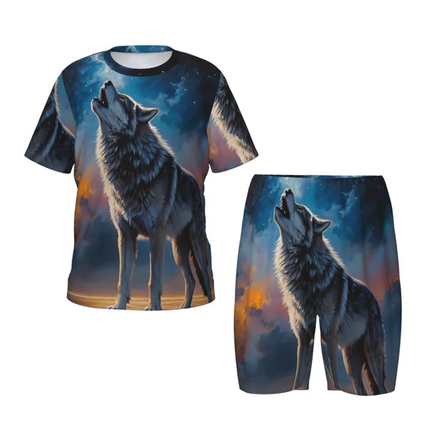 Balery Lonely Night Sky Wolf Conjunto de Pijama Infantil de Manga Corta con Estampado – Ropa de Dormir de Algodón Suave-3X-Large