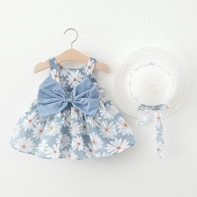 Robes pour Tout-Petits Robe Tutu Sans Manches pour Bébé Robe d'Été pour Fille avec Chapeaux 2 Pcs Robe d'Anniversaire pour Fillette 6-12 Mois