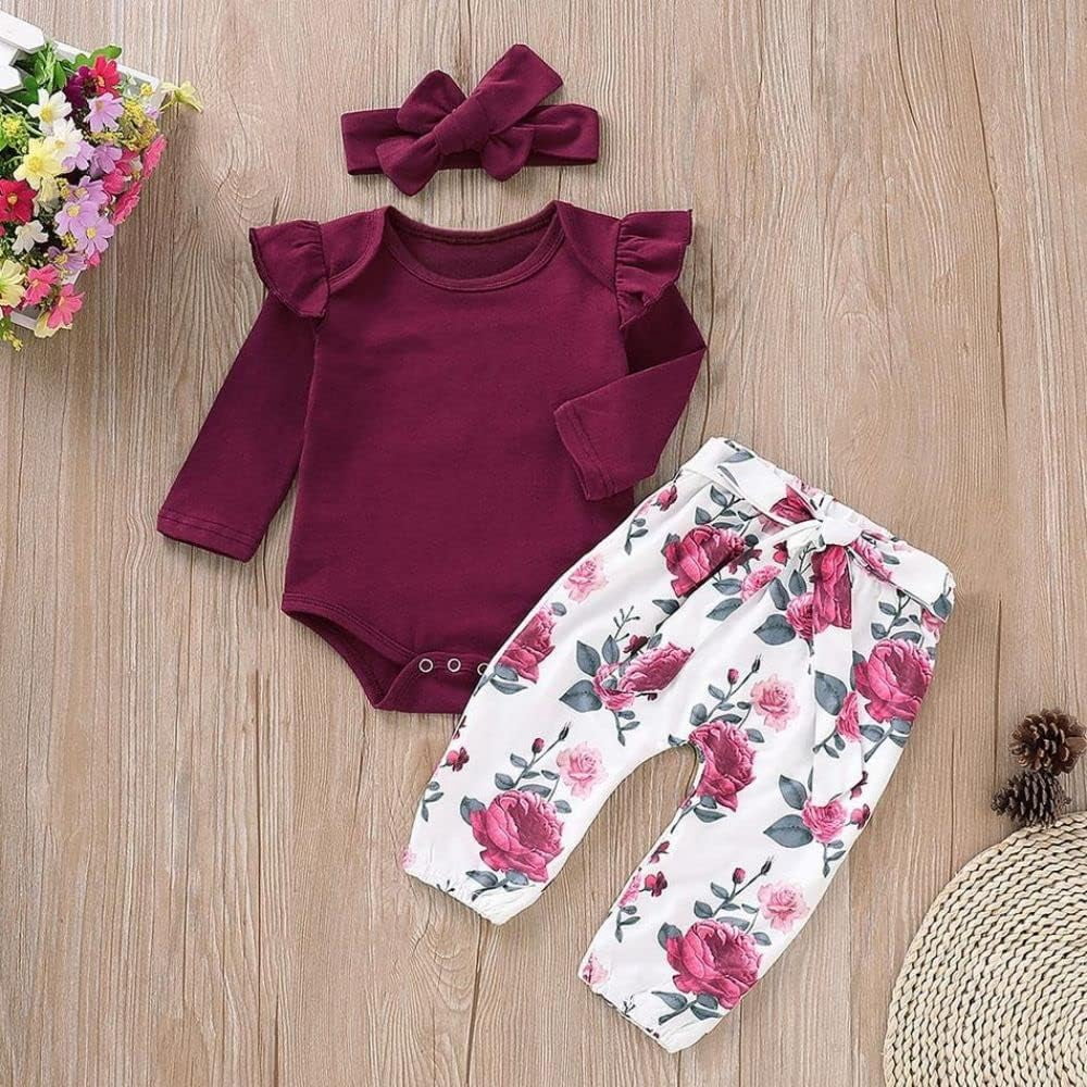 SUCS Newborn Baby Girl Clothes Infant Girl Outfits Long Sleeve Ruffle Romper  Floral Pants Headband Set