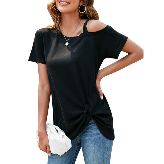 ALING Sexy Women's One Shoulder Tops-Women's Short Sleeve T Shirt Oblique Collar Summer Casual Shirt Twist Knot Tunics Tops Off The Shoulder Tee Blouse,S-2XL