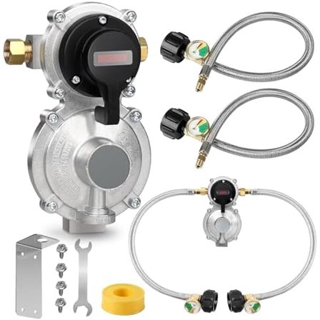 RV Propane Regulator 2-Tank Auto Changeover Kit, Dual Hoses with Gauge for Camper Trailer Gas Systems
